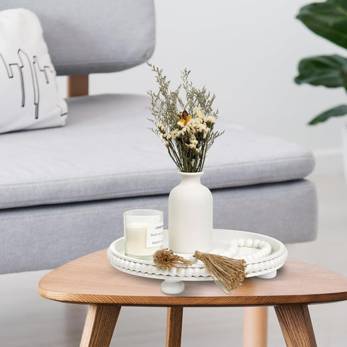 12in White Round Wooden Tray with Wood Beaded Garland for Home Decor- Decorative Tray for Living Room Decor, Coffee