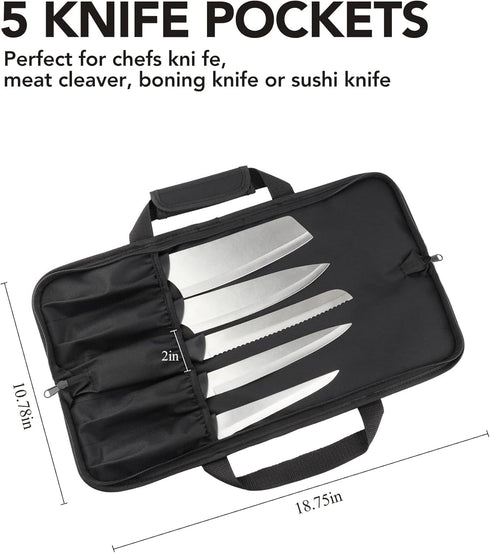 Chef Knife Bag (5 Slots) - Nylon Kitchen Storage Carrying Pouch, Red