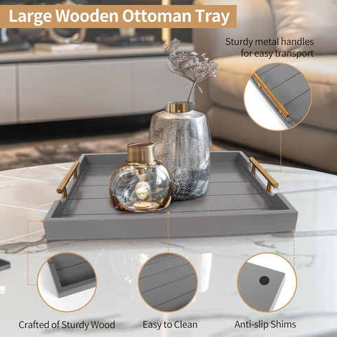 2 Sets 4 SXNOWS Wooden Serving Tray with of Handles,Large Ottoman Tray for Living Room, Rectangular Wood Tray