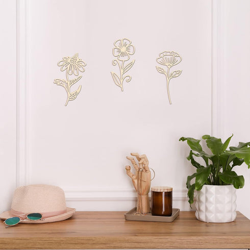 8 PerKoop Pcs Wooden Flowers Wall Decor Boho Wildflowers Hanging Sculpture Wood Floral Cutouts for Nursery Bedroom