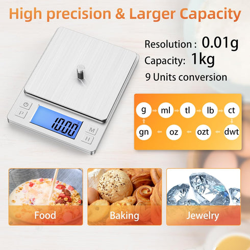 BOMATA 0.01g/1kg Upgraded Small Digital Scale, USB Rechargeable, with Larger Display and Hold,Tare Function, 9 Units, High Precision Digital Scale Grams and oz for Small Item, Kitchen…