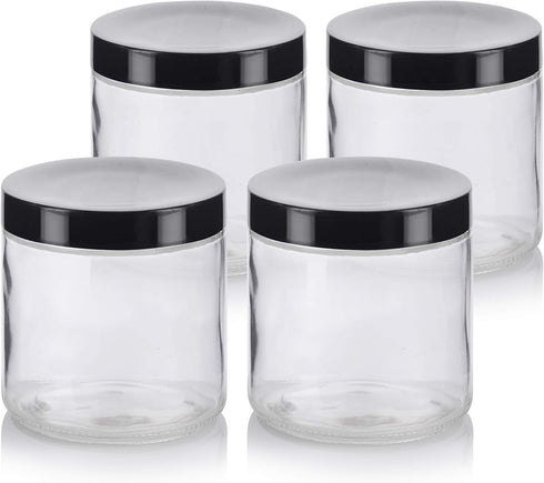 16 oz Large Clear Thick Glass Jar with Black Foam Lined Lid, 4 Pack