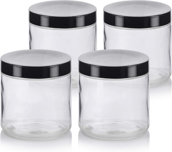 16 oz Large Clear Thick Glass Jar with Black Foam Lined Lid, 4 Pack