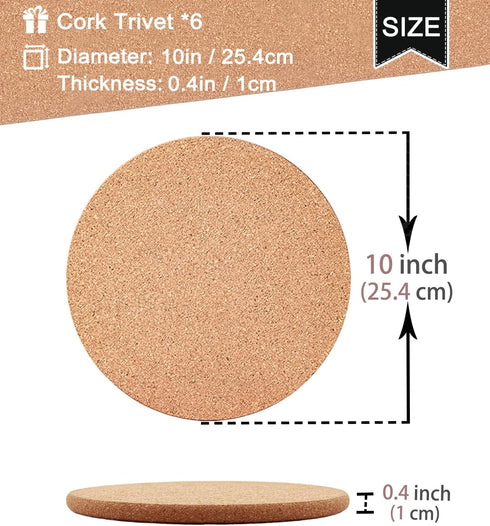 Cork Trivet - 6 Pcs High Density Thick Cork for Hot Dishes, 10 Inch Heat Resistant Multifunctional Coaster
