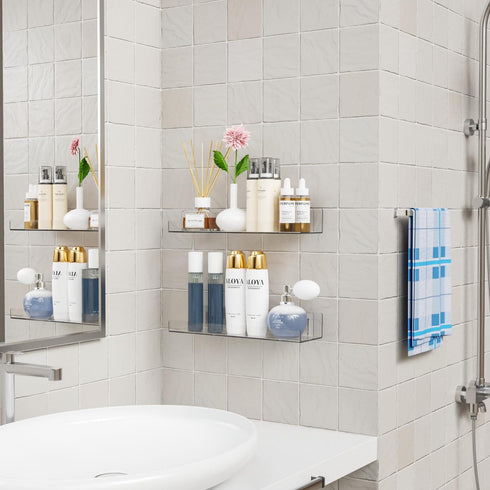 Yieach 6 Pack Acrylic Shelves for Wall Storage- No Drilling Adhesive Shelves - Clear Stick On Bathroom Wall Shelf