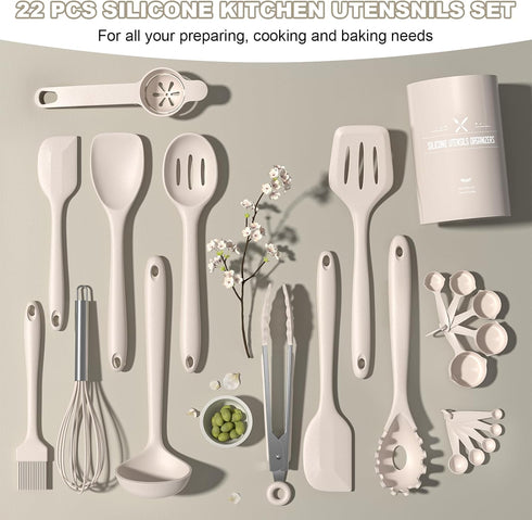 Silicone Kitchen Cooking Utensils Set - Umite Chef 22Pcs Heat Resistant Tools for Nonstick Cookware (Khaki).