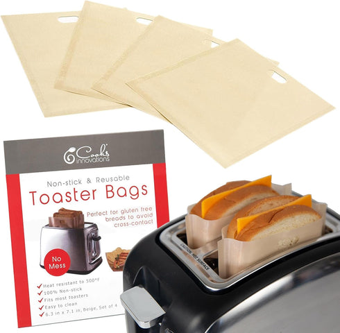 Reusable Toaster Bag Set of 4 - Nonstick Teflon Bags for Grilled Cheese, Pizza Rolls - BPA & PFOA Free, Up to 50 Uses