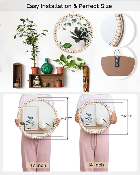 Poeme (14 Inch) Boho Wall Mounted Circle Mirror, Wooden Round Wall Decor for Bathroom Living Room Bedroom, Decorative