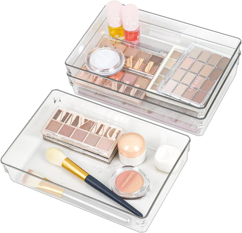 Clear Drawer Organizer Bins Set, 3pc Transparent Rectangle Trays for Bathroom Makeup Vanity and Office Desk Storage