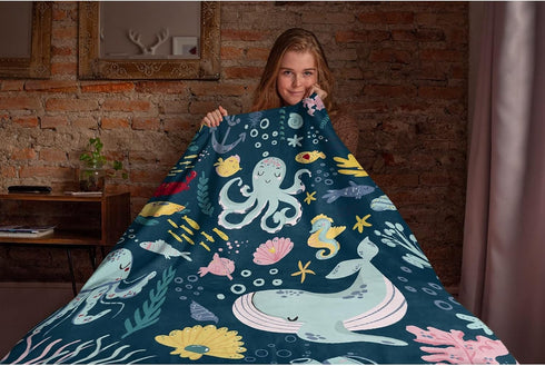 Cozy 6050 Thuswarm Cute Blue Sea Creatures Octopus Whale Flannel Blanket for Autumn Winter Gifts Warm Soft Funny Print