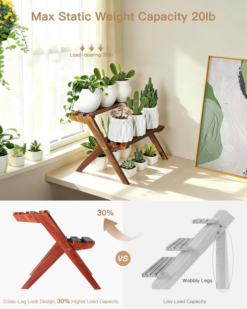 2 Tier Small Wood Plant Stand for Desktop, X-Frame Windowsill Plant Shelf Indoor, Table Top Mini Ladder Flower Pot
