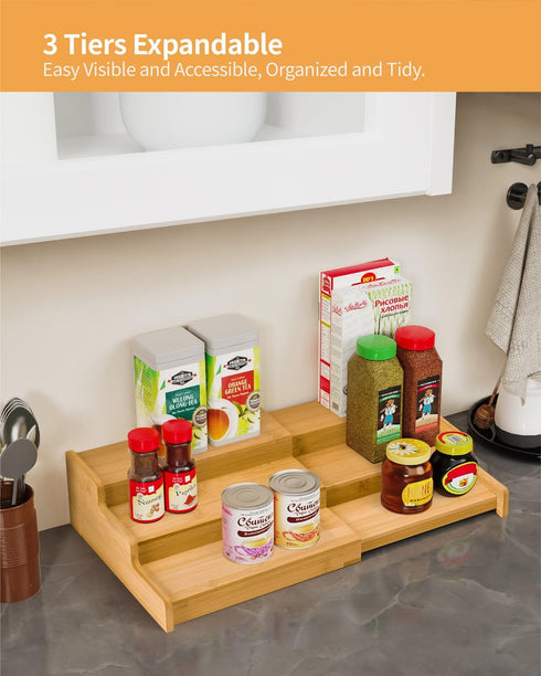 3-Tier Organizer(2pack) VenDotbi Spice Rack, Expandable Bamboo Spice Rack Organizer for Cabinet, Kitchen, Pantry