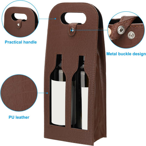 PATIKIL 2 Bottle Wine Gift Bag, Reusable Leather Wine Tote Carrier, 2 Pack for Picnic Party Wedding, Brown-2
