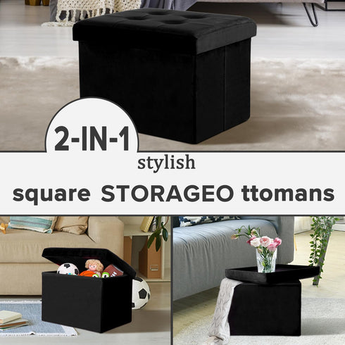 17x13x13in(Black) LINMAGCO Storage Ottoman Folding Foot Stool Velvet Foot Rest with Padded Modern Ottoman with Storage