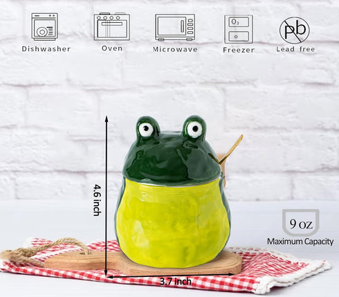 dgudgu Countertop Countertop Frog Salt Cellar With Lid And Spoon Ceramic Salt Container Green Salt Box Cute Salt