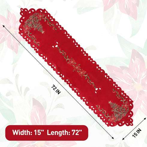Jovialix 72 Inches Poinsettia,Holiday Red Christmas Table Runner Long with Embroidered Tree and Cutwork Linen