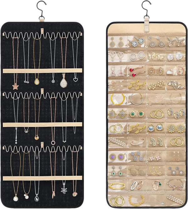 Hanging Jewelry Organizer - Double Sided with 32/48 Pockets, 14/21 Hook Loops, Foldable Travel Jewelry Roll