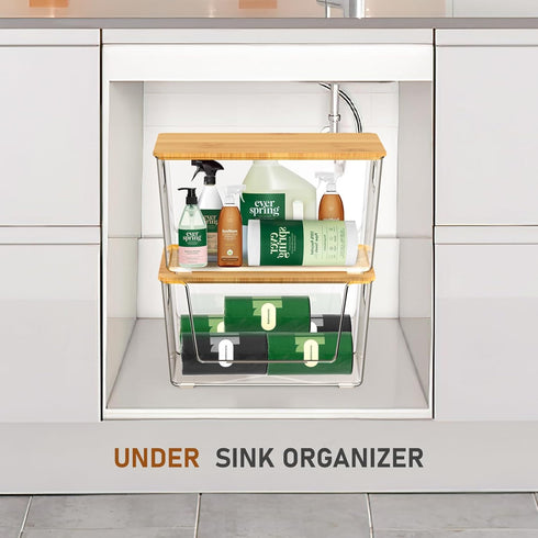Stackable Storage Bin Sets for Pantry, Front Open & Enclosed, Clear Plastic Baskets with Lid & Handle (2+2)