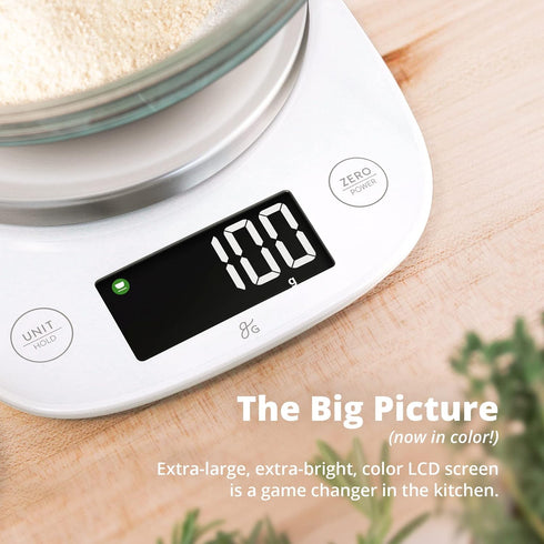 Greater Goods Premium Baking Scale, Ultra Accurate Digital Kitchen Scale with Bag, Weigh Food & Coffee, White+SS