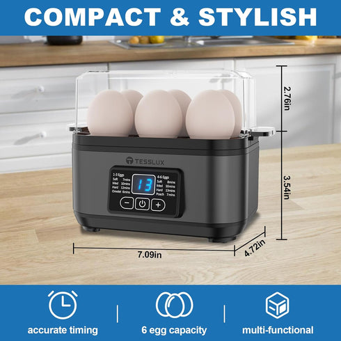 6 Tesslux Electric Rapid Egg Cooker, Egg Capacity for Hard Boiled Eggs, Poached Eggs, Scrambled Eggs, or Omelets Maker