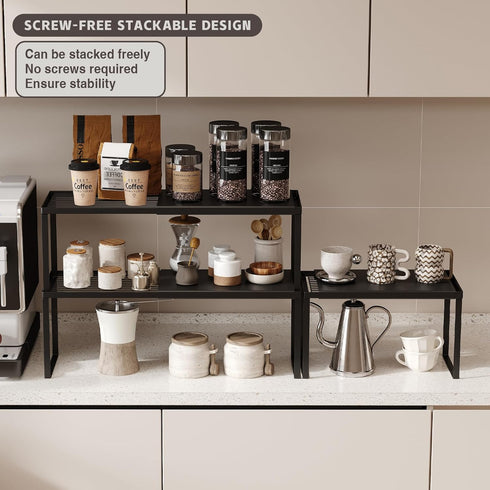 2 Pack Counter Countertop Magheo Expandable Cabinet Shelf Organizer, Stackable Kitchen Shelf Riser, Metal Spice Rack