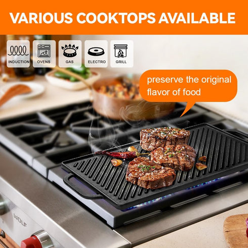 GGC Cast Iron Reversible Griddle, Double-sided 15 x 9 Griddle Pan for Indoor and Outdoor Cooking, Flat and Ribbed Side