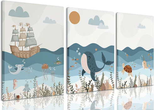 LYPHNX Framed Blue Ocean Nautical Nursery Canvas Wall Art Sea Turtle Whale Animal