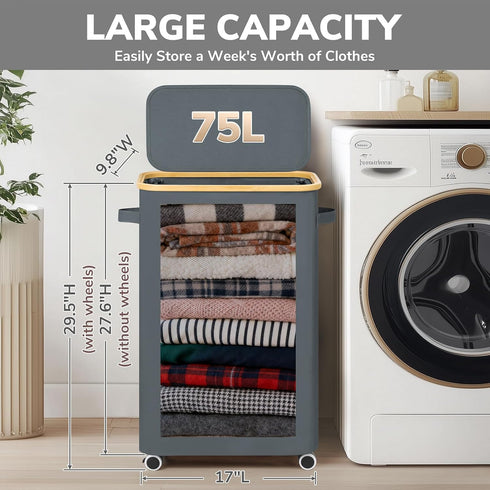 75L 17" 9.8" 29.5", Goodpick Slim Laundry Basket with Wheels and Lid, Rolling Dirty Clothes Hamper for Dorm Bathroom