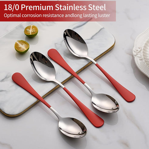 Red Dine Spoons Set, 12 Piece 7.3-Inch Red Handle Silverware Spoon, 18/0 Stainless Steel Flatware