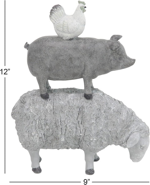 Deco 79 Polystone Farm Animals Decorative Sculpture, Stacked Home Decor Statue, 9" x 4" x 12", Gray