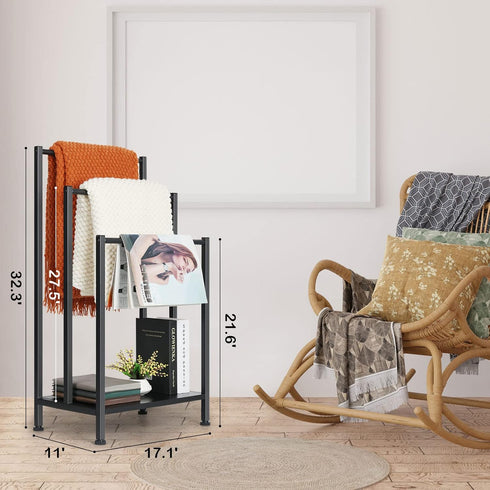 3 Free Standing Blanket Ladder Holder Rack, Tier Black Metal Towel Racks Stand with Wooden Storage Shelf, Multipurpose