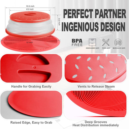 2 in 1 Aidacom Microwave Mat & Food Cover - 12" Mat as Bowl Holder, Silicone Trivet, Pot Holders, Drying, Baking, Red
