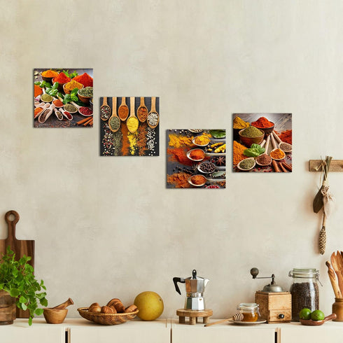 4 Set 12"x12"x4 HOMEOART Kitchen Pictures Wall Decor Piece Colorful Spices and Spoon Painting Canvas Wall Art Prints