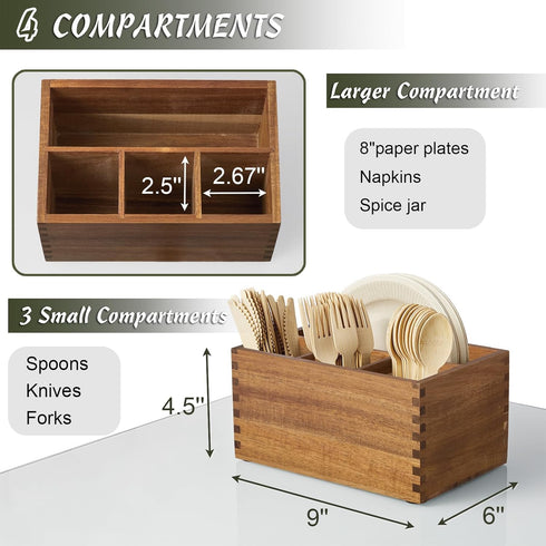 Utensil Caddy - Acacia Wood Silverware Holder, Silverware Organizer for Countertop, Cutlery Storage Containers for