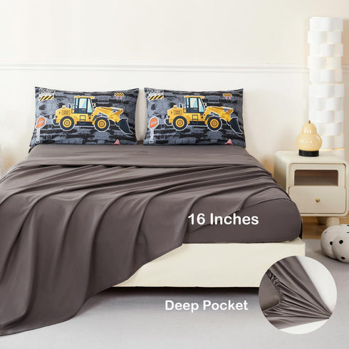 Set 5 Sets Sets ANGIYUIN Twin Boys Comforter Pcs Gray Construction Bed in A Bag for Kids Teens Excavator Trucks Bed