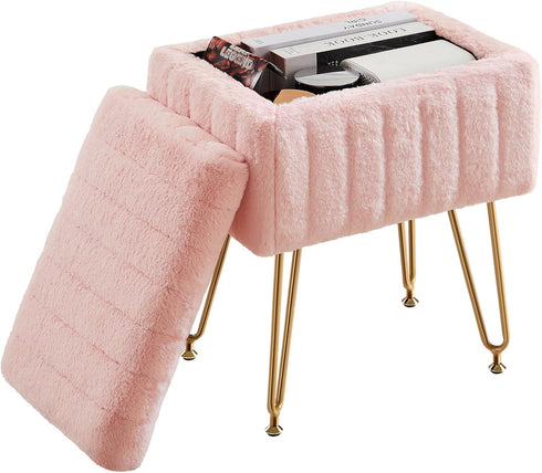 18.9H 16L 12.2W 4 Sweetcrispy Vanity Stool Chair with Storage, x x Ottoman Chair Faux Fur Soft Padded Makeup Footstools