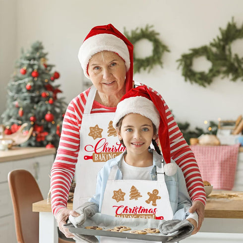2 Pack Christmas Matching Aprons for Kids and Adults, Christmas Baking Crew, White Kitchen Aprons with 2 Pockets for