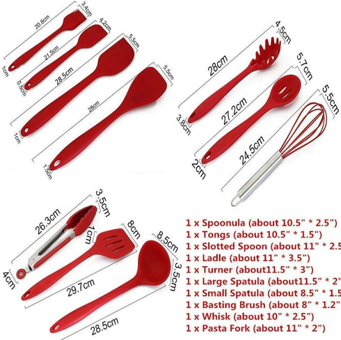 Kitchen Utensils, Silicone Heat-Resistant Non-Stick Kitchen Utensil Set Cooking Tools 10+1 Piece,Turner, Whisk, Spoon,Brush,spatula, Ladle Slotted turner, Tongs, Pasta Fork and Spoon Rest (red) by DAIXI