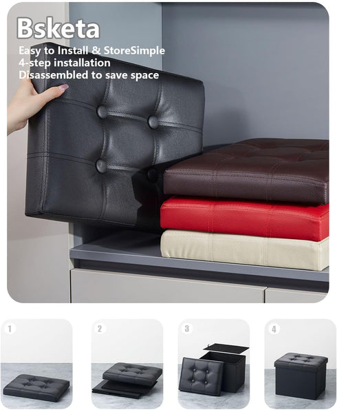 17x13x13in,Black Bsketa Storage Ottoman, Folding Foot Stool with Thicker Foam Padded Seat Small Leather Storage Ottoman