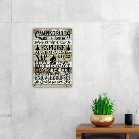 QIONGQI Funny Camping Rules Metal Tin Sign, Rustic Wall Decor for Home Camper Room Decor Gifts