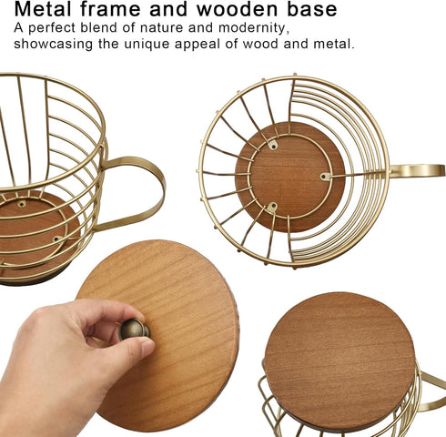 Large Capacity Wire Kup Storage with Wooden Base, Mug Shape Wire Basket with Lid for Kitchen Decor