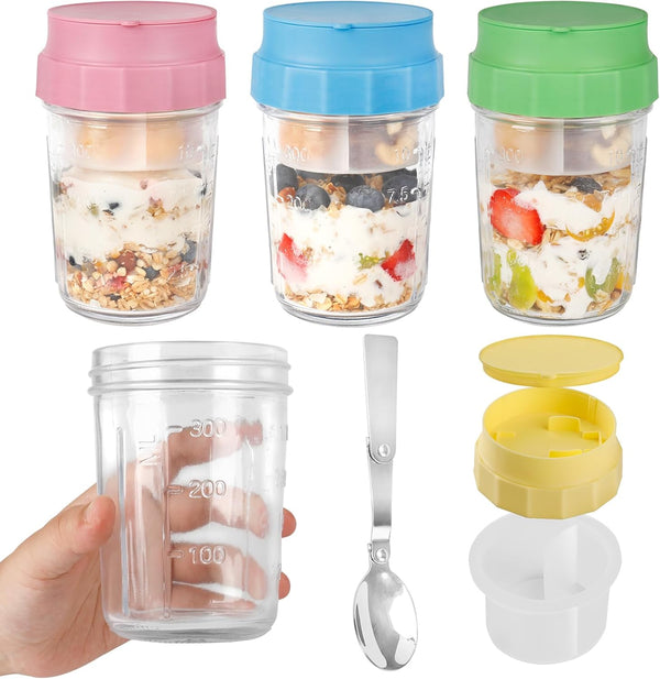 16oz Overnight Oats Jars, Yogurt Containers with Lids and Folding Spoons, 4