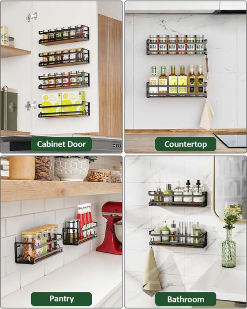 Doakhirmit 16 RV,2 Pack Wall Mounted Spice Rack with Hooks, Rustic Wood Spice Organizer Shelf for Stove Cabinet Pantry