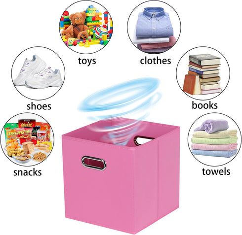 Fabric Storage Bins Cube, 11x11x11 Fabric Cubby Organizer Baskets with Handle, Set of 2 Foldable Storage Boxes (Pink)