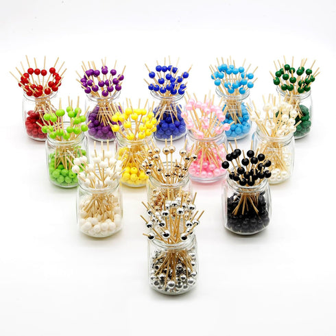 Minisland Gold Pearl Cocktail Picks, 4.7 Inch Bamboo Toothpicks for Appetizers, 100 Counts Decorative Skewer Sticks
