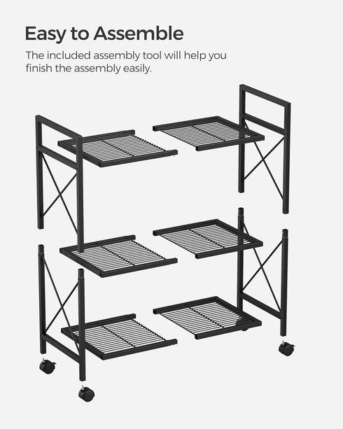 SONGMICS 3-Tier Metal Storage Rack with Wheels, Mesh Shelving Unit for Entryway, Kitchen, Living Room
