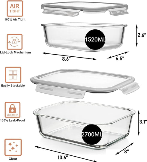 Razab 4 Pc Airtight Large Glass Food Storage Containers with Lids, BPA Free, Leak Proof Meal Prep Containers (2700ML &