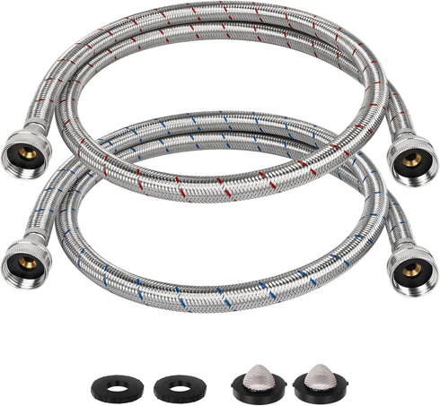 JUWO 4 FT Washing Machine Hoses, 3/4" FHT Stainless Steel Washer Hoses for Short-Distance Water Supply, Red & Blue