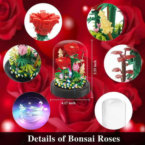 JESGO 2 Flowers Bouquet Sunflowers - Rose Building Kit, Creative Bonsai Tree Succulents Plant Blocks with LED Light