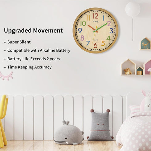 Foxtop 12 Inch Silent Kids Wall Clock - Non-Ticking Battery Operated Colorful Clock for Nursery & Classroom